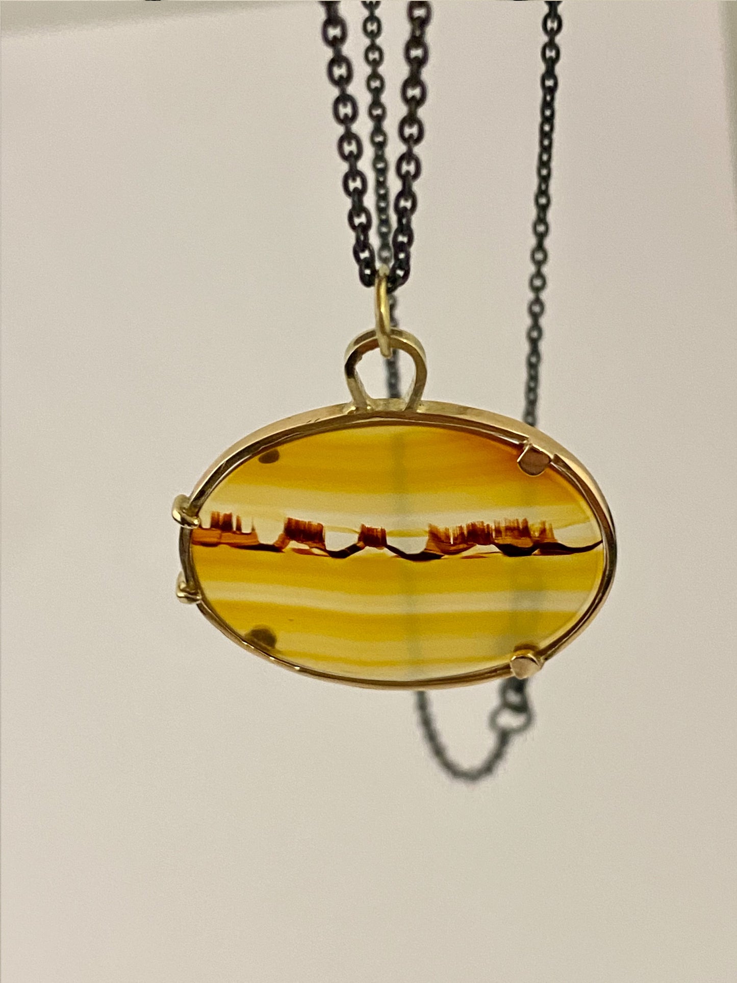 Dendrite agate landscape in 14k gold setting with silver chain