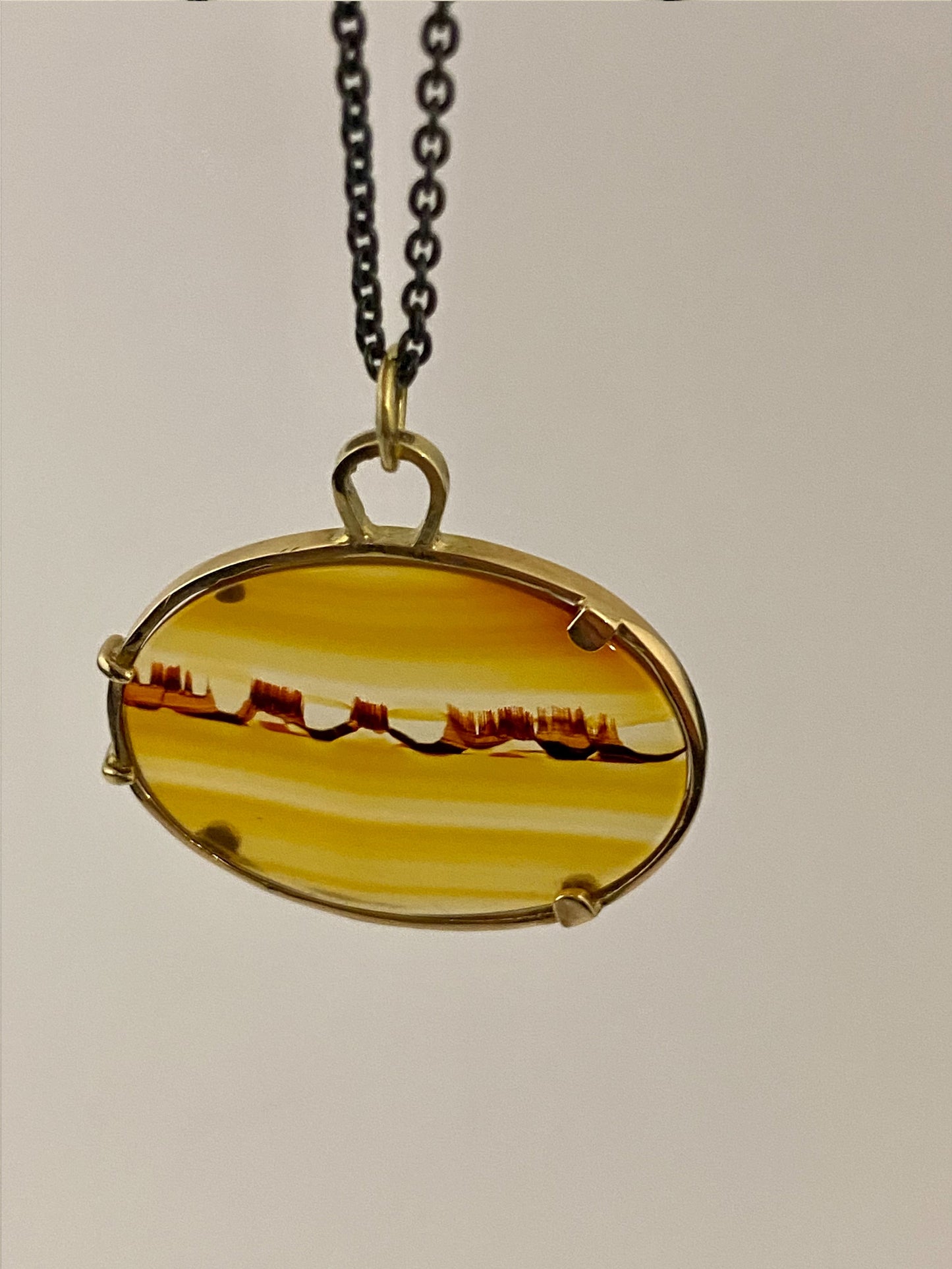 Dendrite agate landscape in 14k gold setting with silver chain