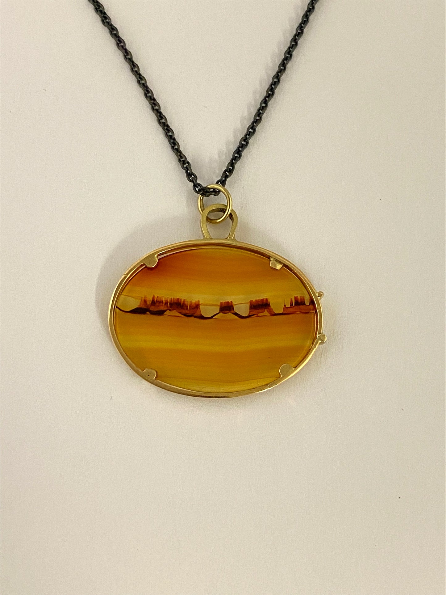 Dendrite agate landscape in 14k gold setting with silver chain